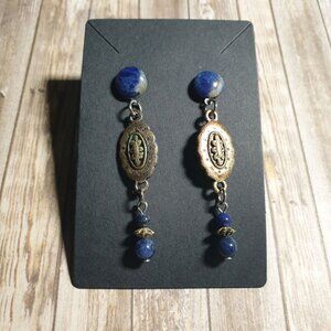 Vintage Gemstone Drop Earrings Gold Tone Sodalite Stone Post Backings Dangle